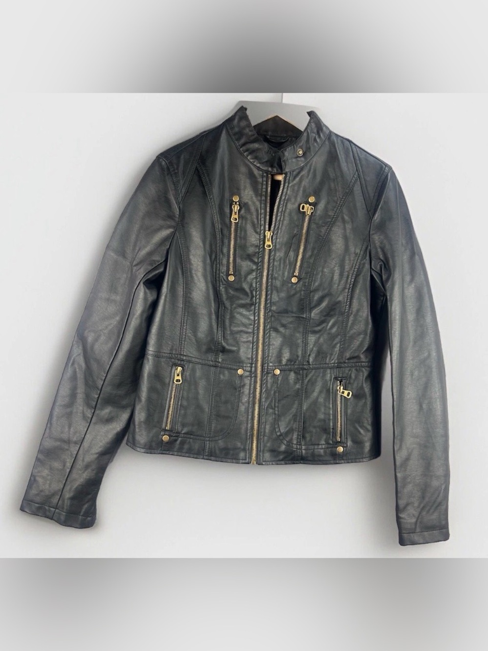 Lulu's Black Faux Leather Jacket with Gold Hardware Medium Biker Goth